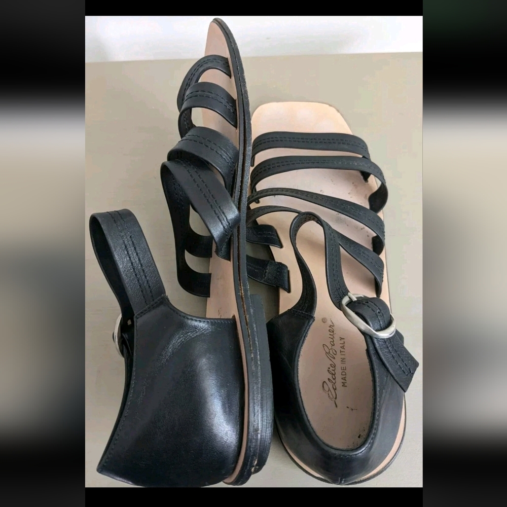 90s Y2K Eddie Bauer Black Leather Sandals Gladiator Straps Made In Italy 8.5